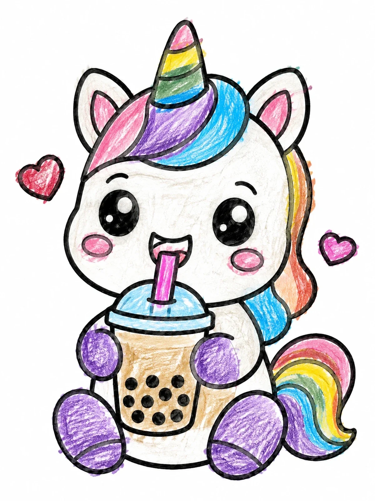 Colored example of the Cute Chibi Unicorn Drinking Bubble Tea coloring page