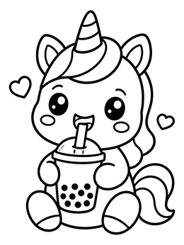 Free printable Cute Chibi Unicorn Drinking Bubble Tea coloring page