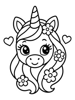 Free printable Cute Unicorn Emoji With Flowers coloring page