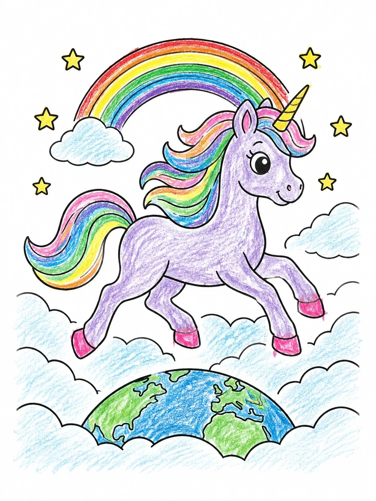 Colored example of the Cute Unicorn Galloping Above The Earth coloring page