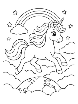 A magical unicorn coloring page featuring a unicorn flying over the earth with a rainbow.