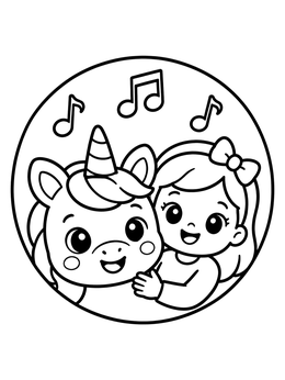 A cheerful unicorn emoji coloring page with a smiling little girl and music notes inside a circular frame.