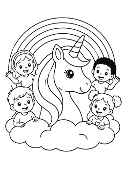 A magical unicorn emoji coloring page featuring happy smiling children, a big rainbow, and soft clouds.