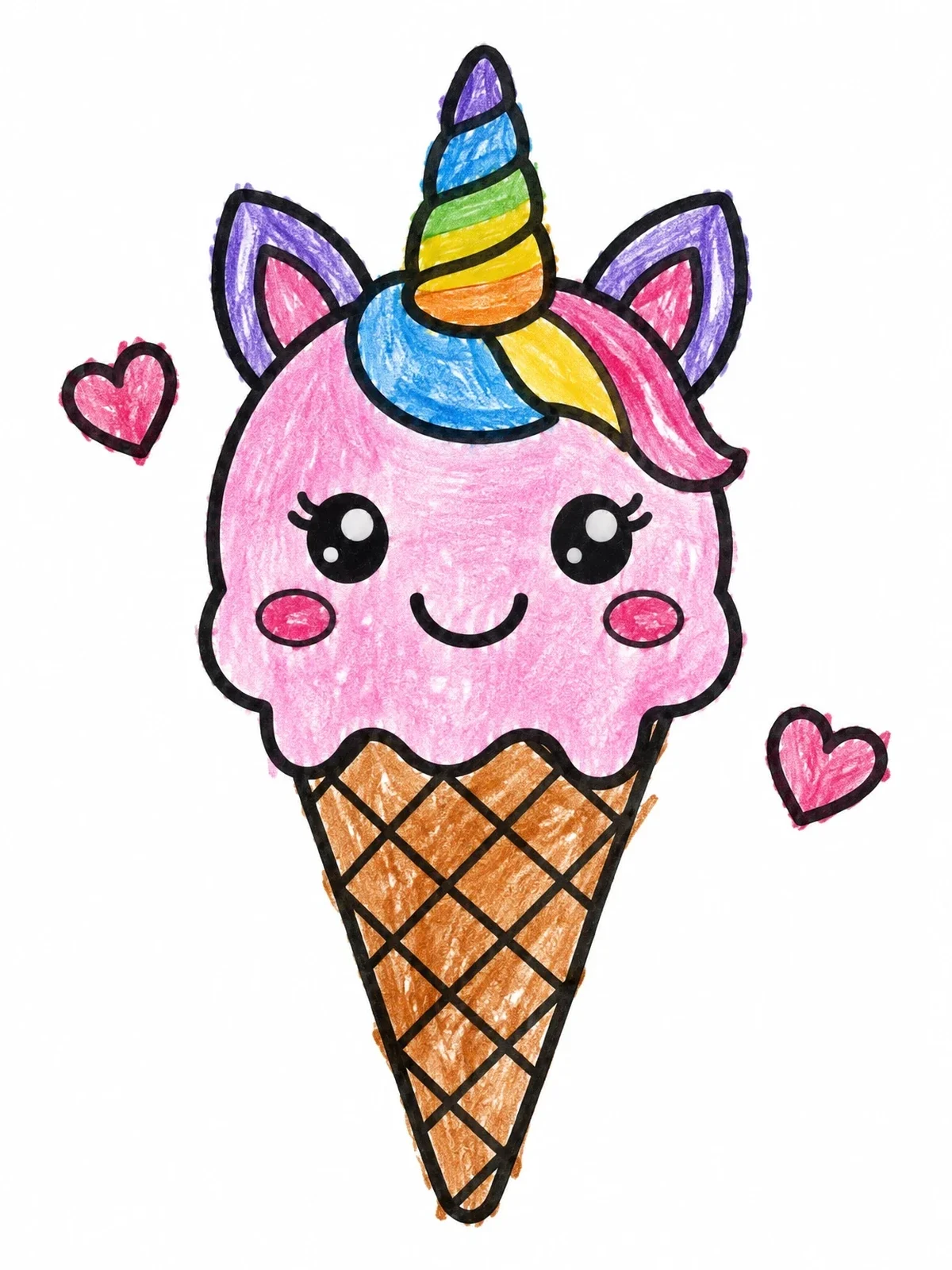 Colored example of the Cute Unicorn Ice Cream Cone coloring page