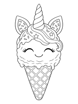 A smiling scoop on this unicorn ice cream coloring page.