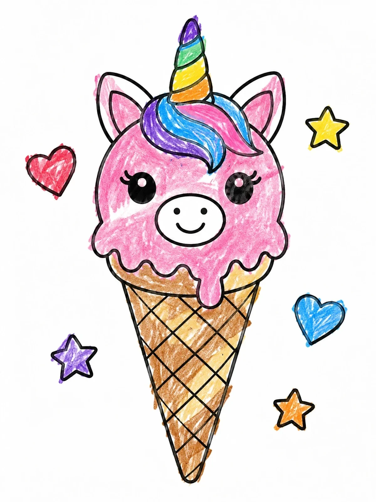 Colored example of the Cute Unicorn Ice Cream Cone coloring page