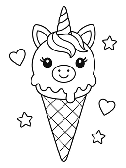 A sweet unicorn ice cream coloring page featuring a waffle cone surrounded by stars and hearts.