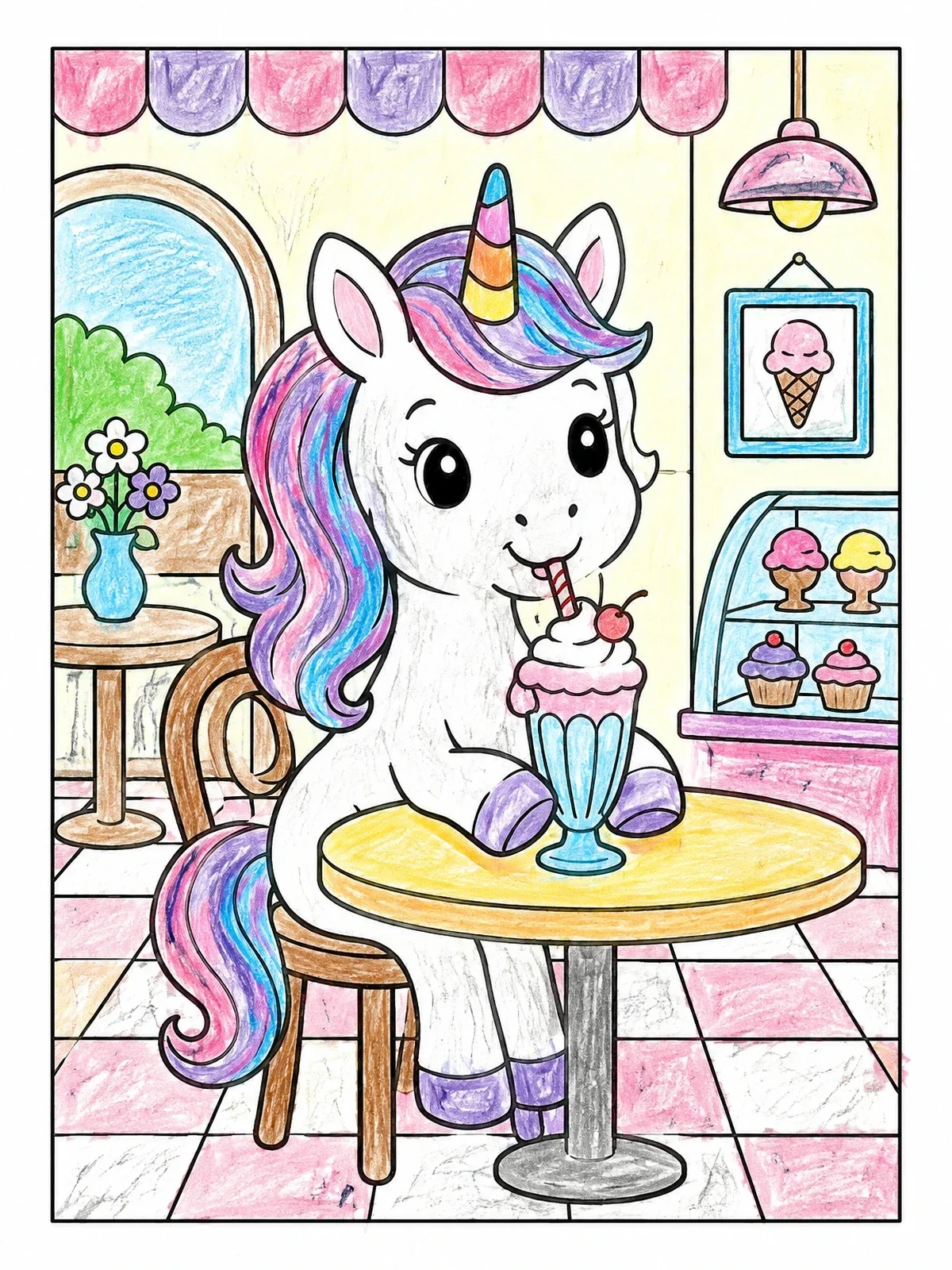 Colored example of the Cute Unicorn At The Ice Cream Parlor coloring page