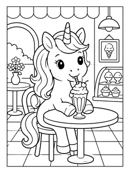 Free printable Cute Unicorn At The Ice Cream Parlor coloring page