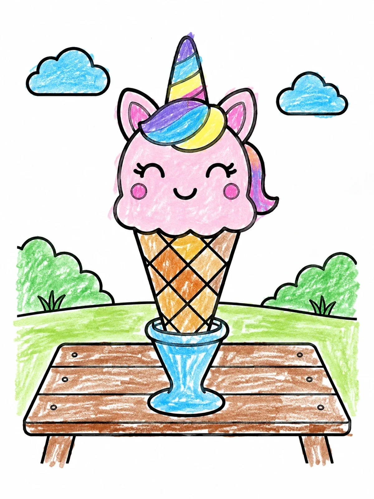 Colored example of the Cute Unicorn Ice Cream Cone On Picnic Table coloring page