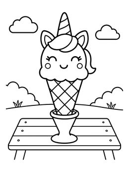 Free printable Cute Unicorn Ice Cream Cone On Picnic Table coloring page