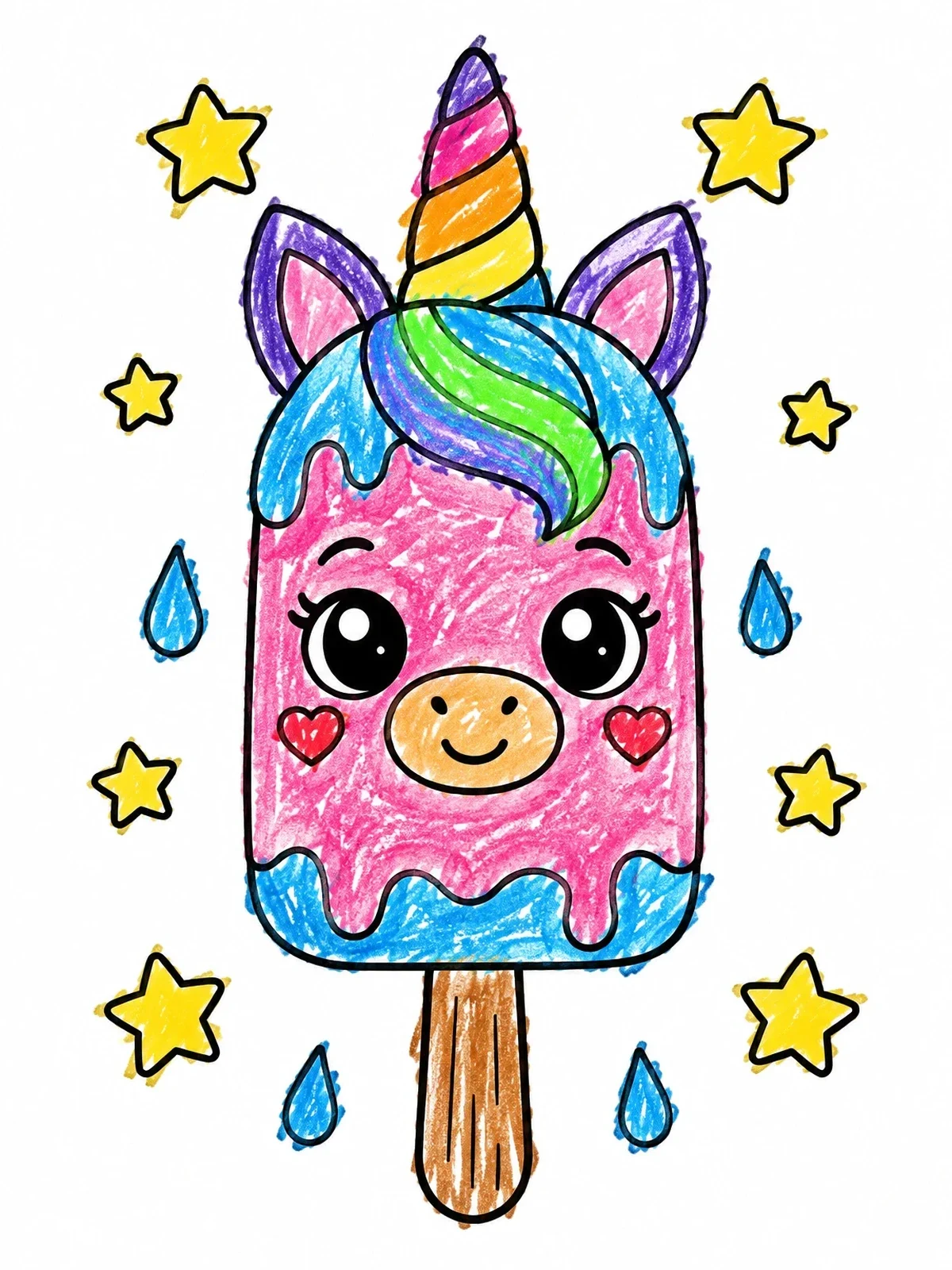 Colored example of the Cute Unicorn Ice Cream Popsicle coloring page