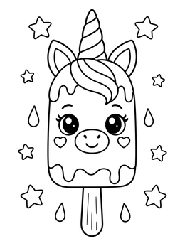 A sweet unicorn ice cream coloring page featuring a smiling popsicle surrounded by twinkling stars.