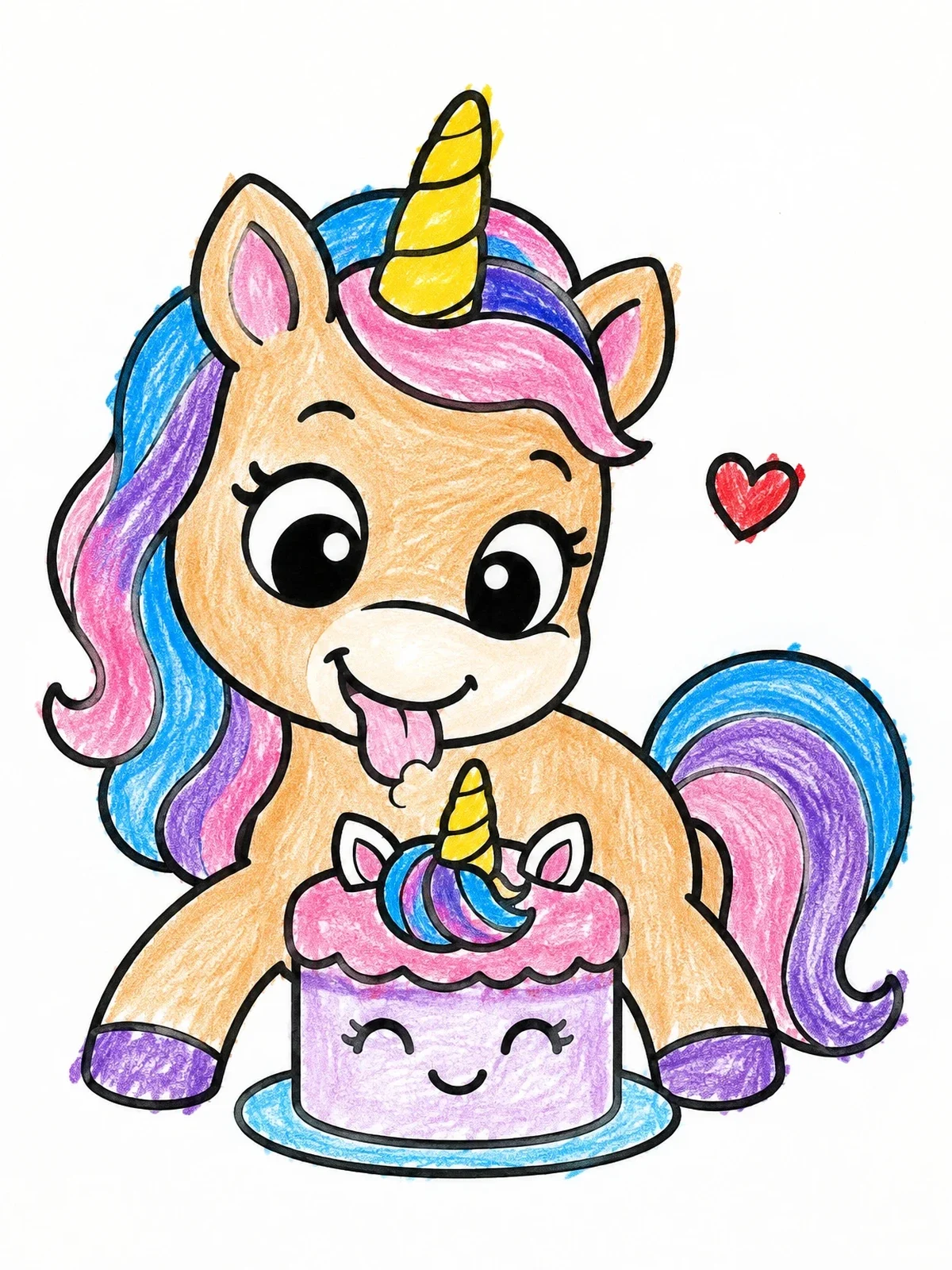 Colored example of the Cute Unicorn Licking A Cake coloring page
