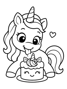 Free printable Cute Unicorn Licking A Cake coloring page