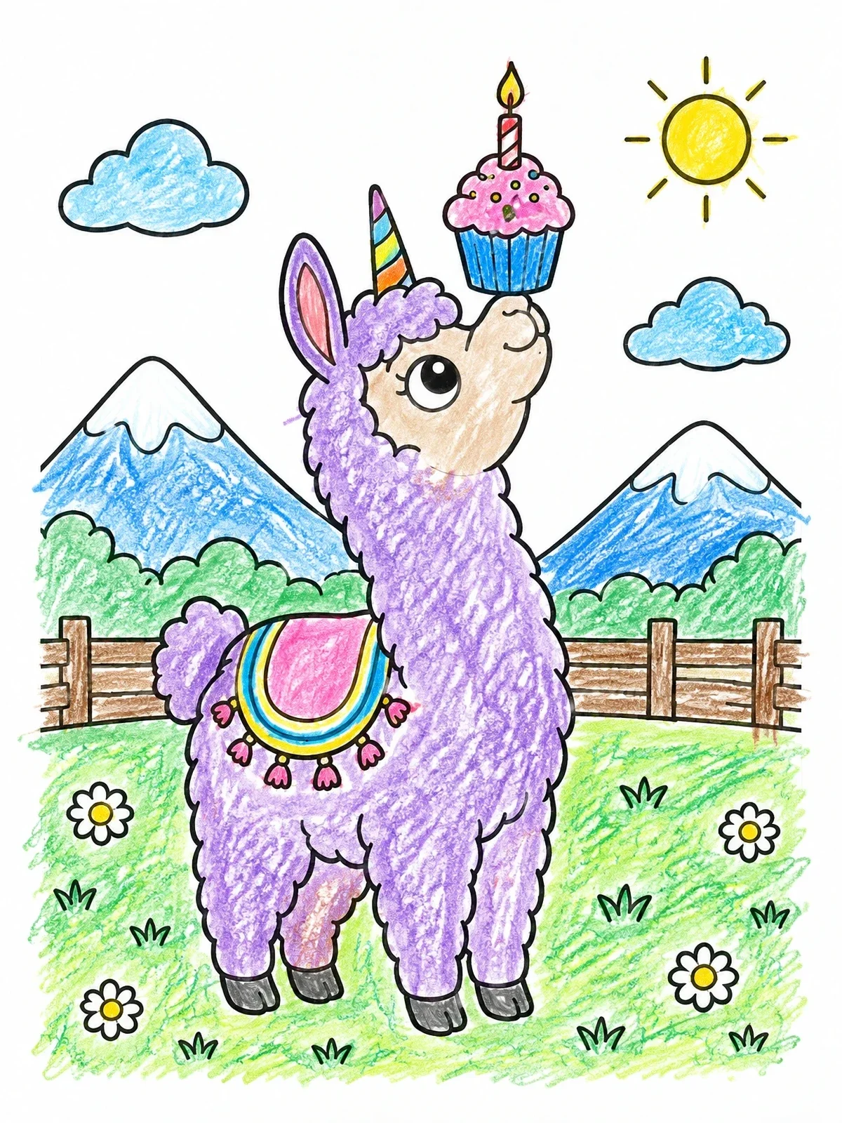 Colored example of the Cute Llamacorn Balancing A Cupcake coloring page