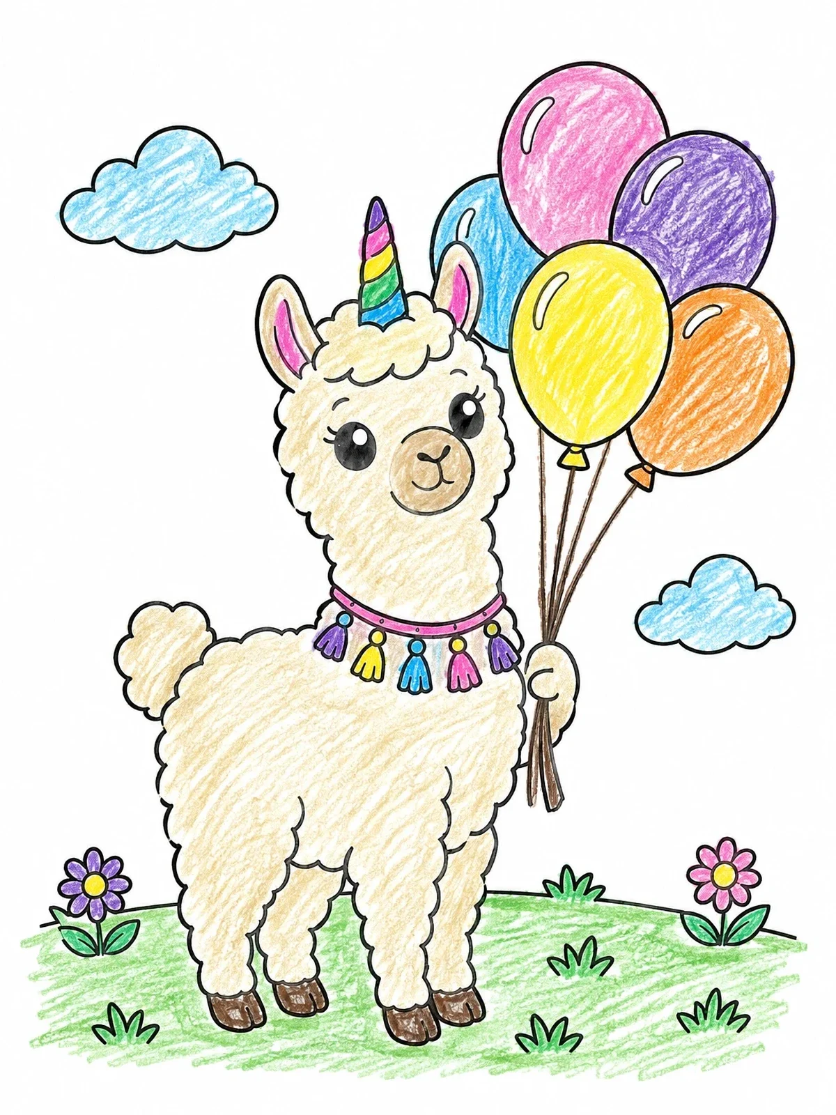 Colored example of the Cute Unicorn Llama With Festive Balloons coloring page