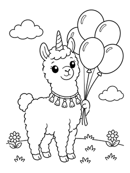 Free printable Cute Unicorn Llama With Festive Balloons coloring page
