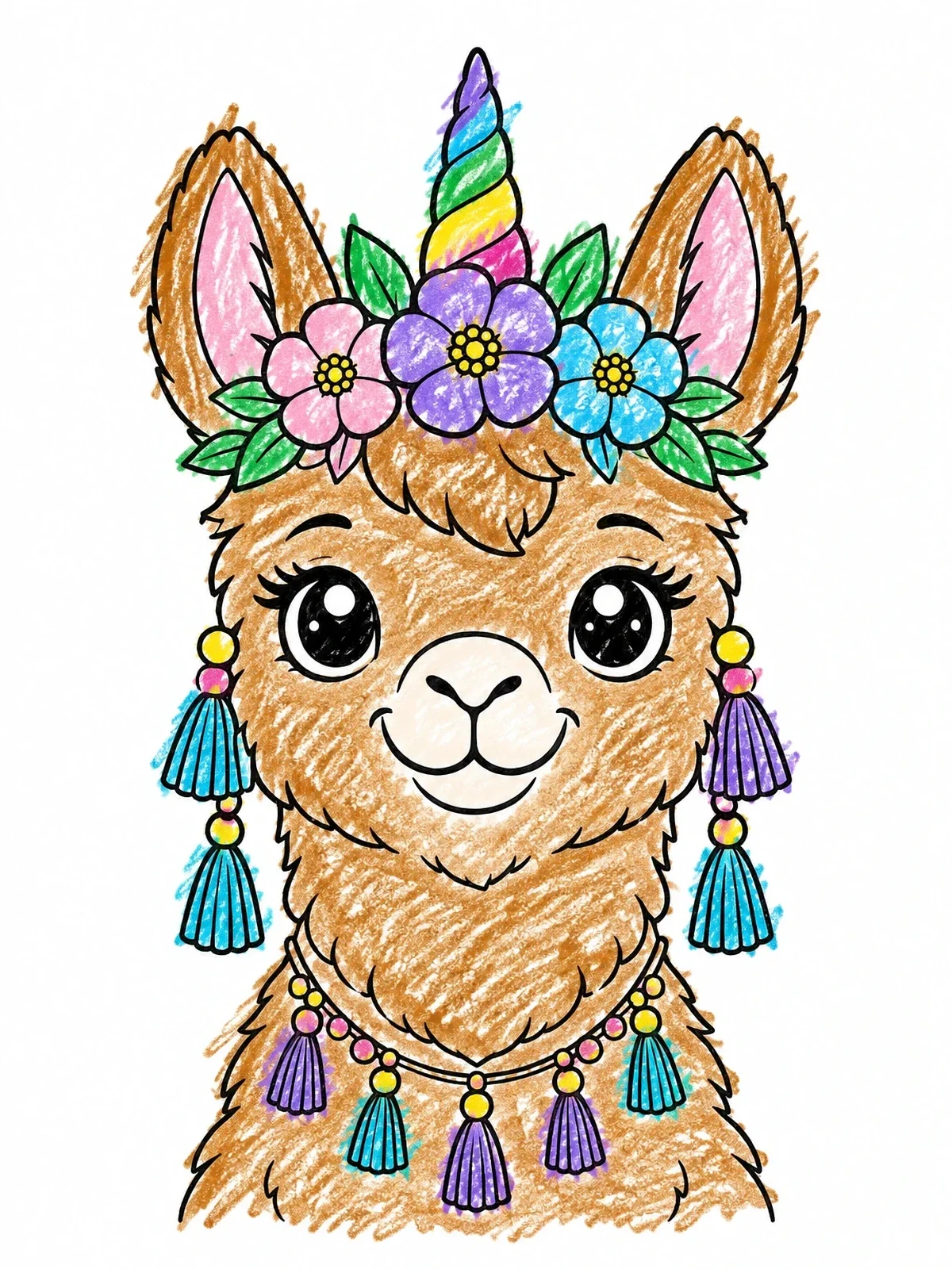 Colored example of the Cute Unicorn Llama With Flower Crown coloring page