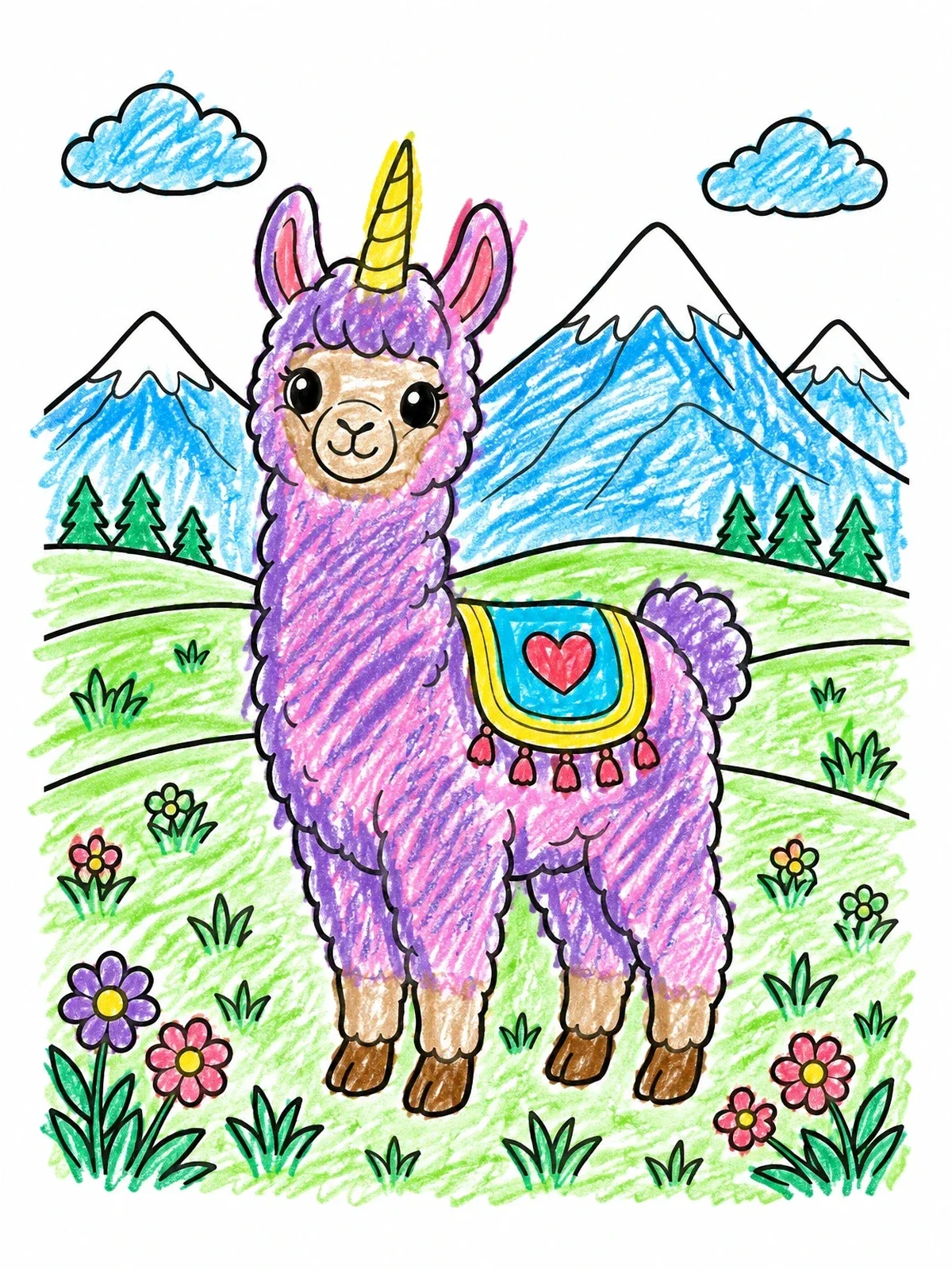 Colored example of the Cute Unicorn Llama In The Mountains coloring page