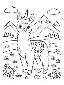 Free printable Cute Unicorn Llama In The Mountains coloring page