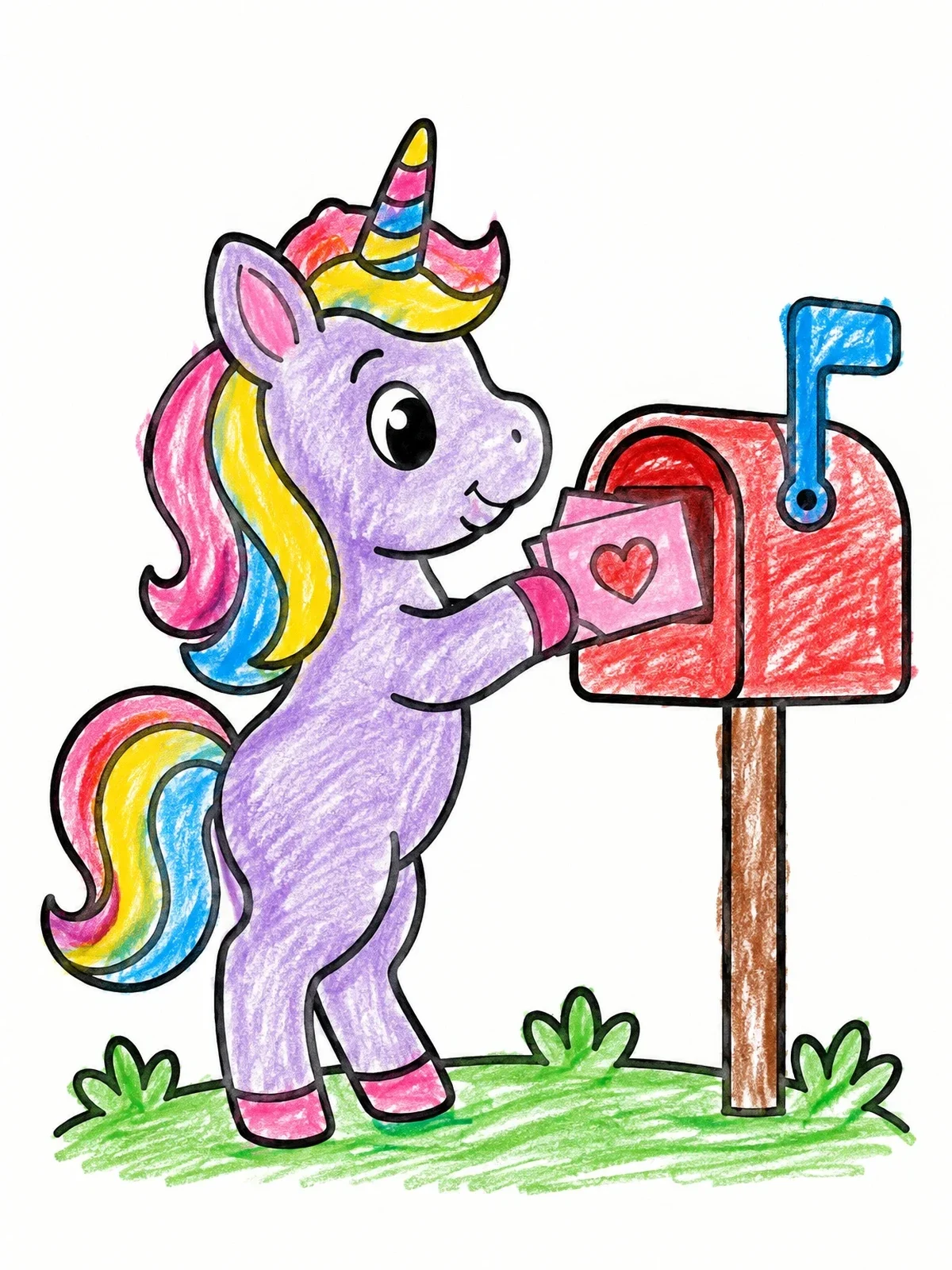 Colored example of the Cute Unicorn Mailing A Valentine coloring page