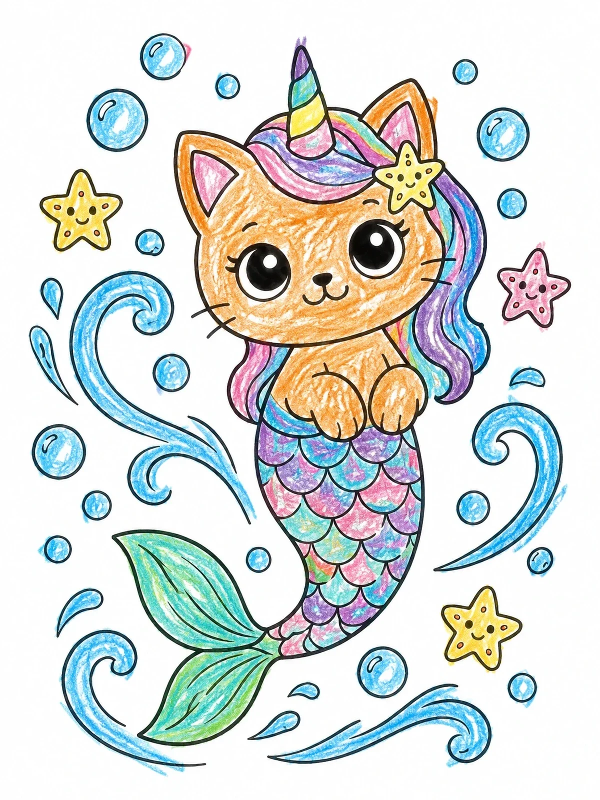Colored example of the Cute Unicorn Mermaid Cat Undersea coloring page