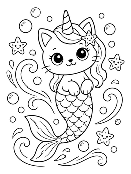 A sweet unicorn mermaid cat coloring page with cute starfish and floating bubbles.