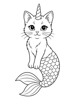 A magical unicorn caticorn on this sweet mermaid cat coloring page.