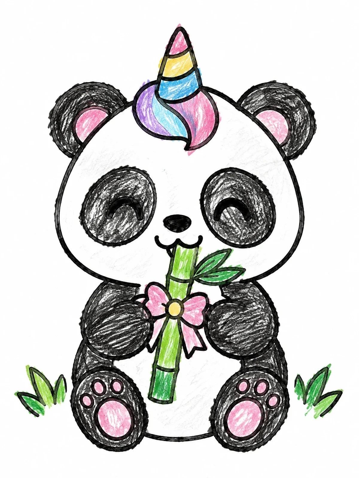 Colored example of the Cute Unicorn Panda Eating Bamboo coloring page