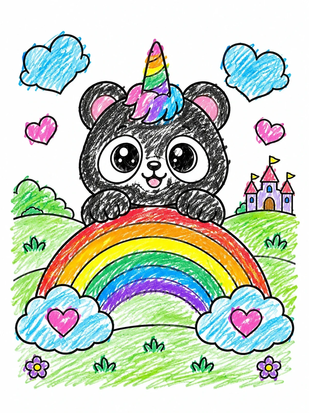 Colored example of the Cute Unicorn Panda On Rainbow coloring page