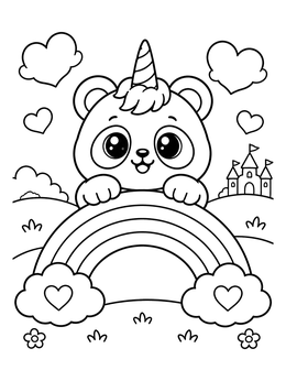 A sweet unicorn panda coloring page with a rainbow and heart clouds.