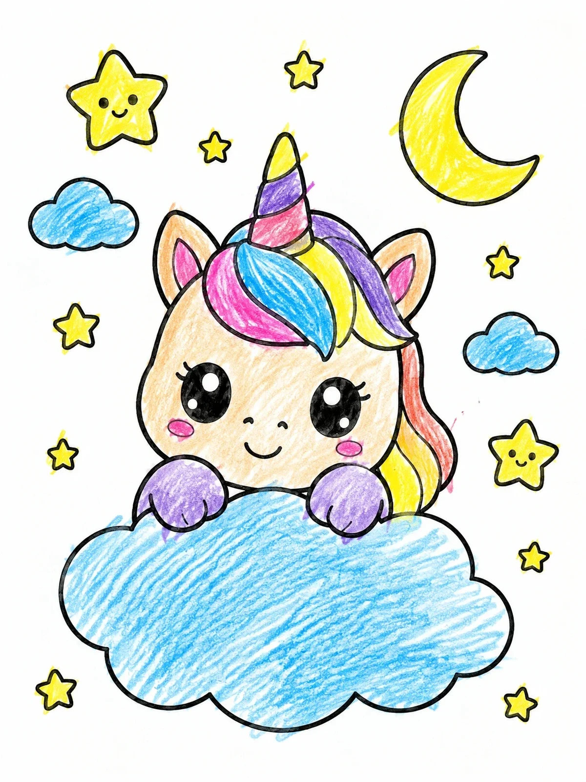 Colored example of the Cute Unicorn Peeking Over Cloud coloring page