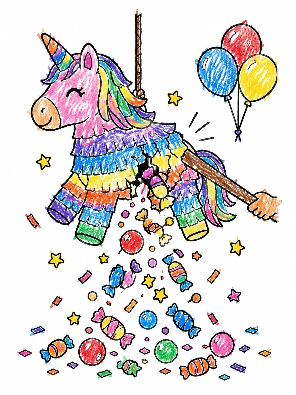 Colored example of the Cute Unicorn Piñata With Candies coloring page
