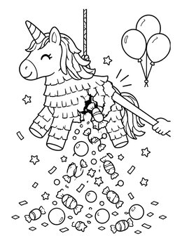 A festive unicorn pinata coloring page bursting open with treats, balloons, and confetti.