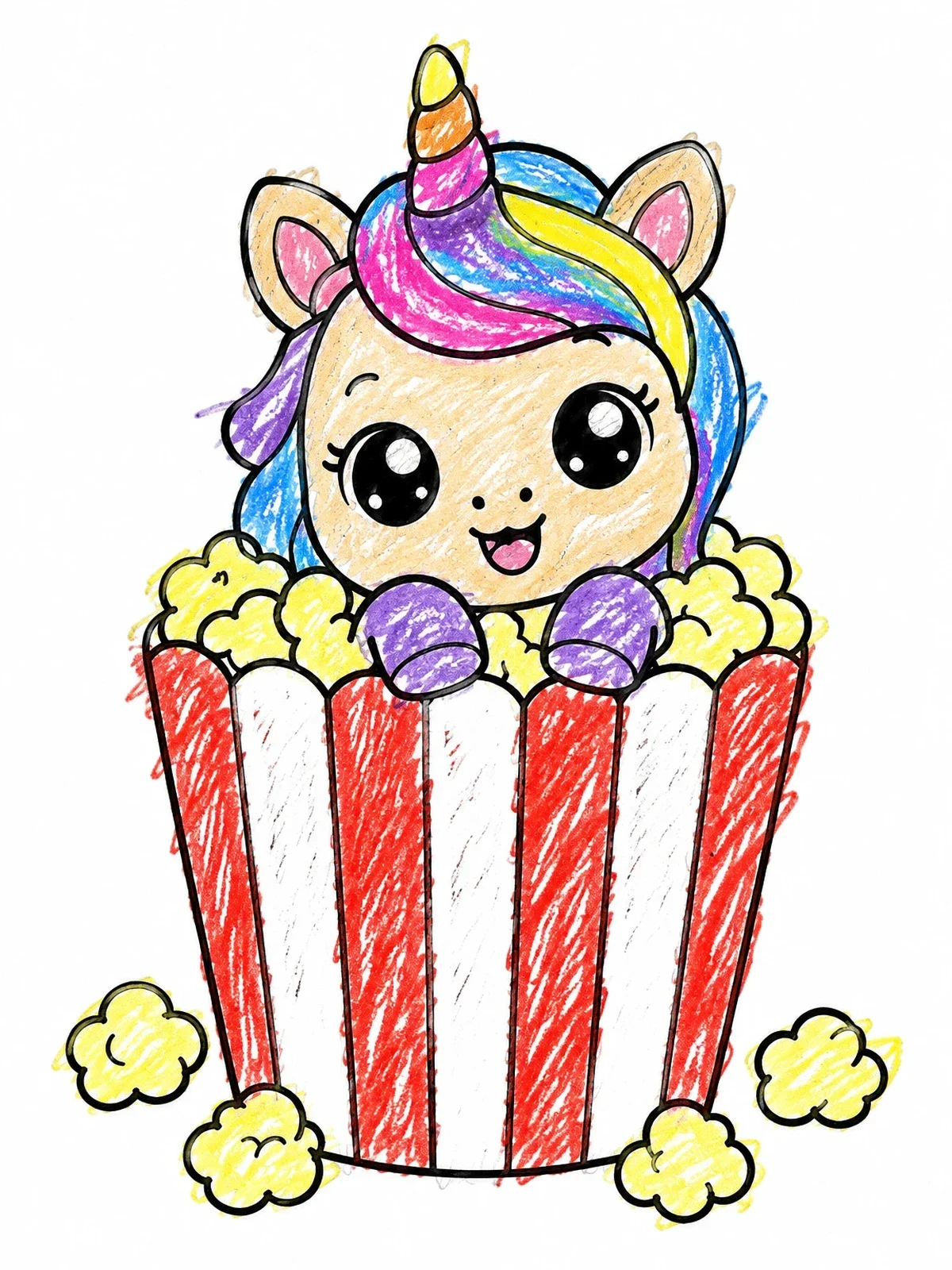 Colored example of the Cute Unicorn In Popcorn Tub coloring page