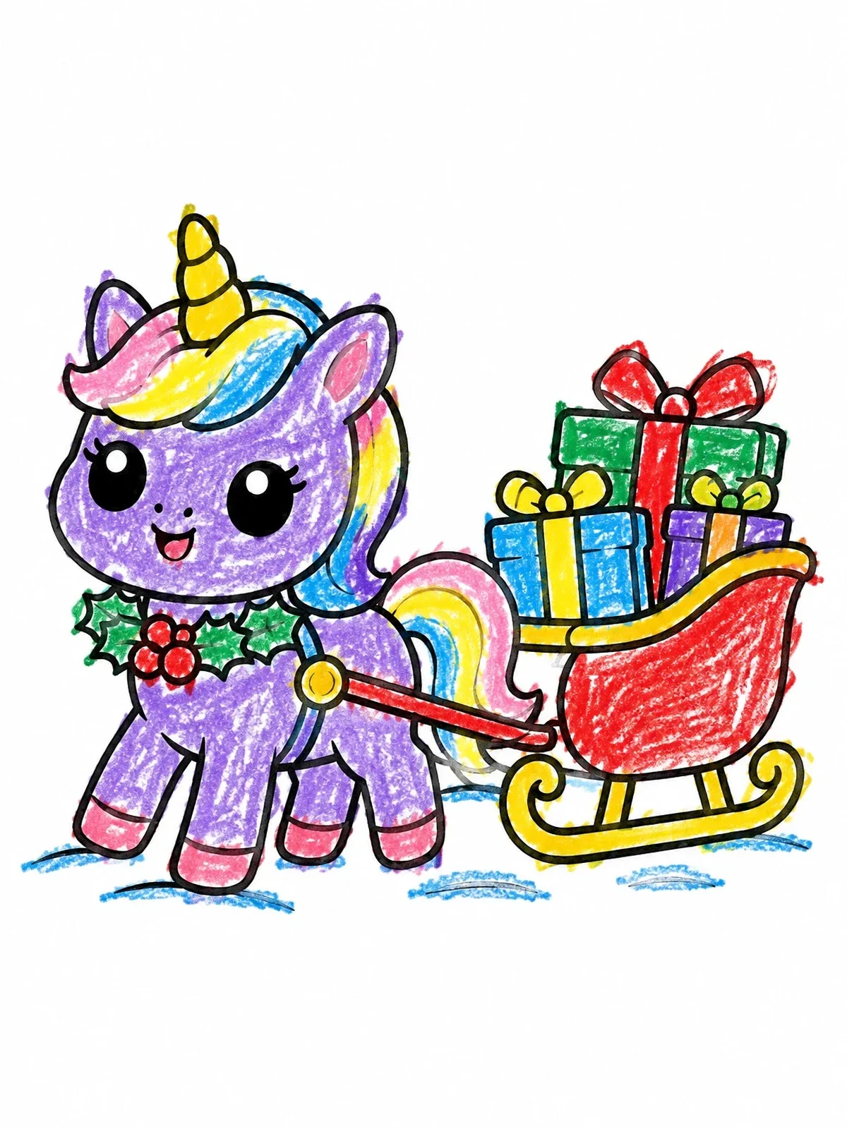 Colored example of the Cute Unicorn Pulling A Christmas Sleigh coloring page