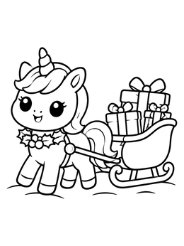 A cute unicorn coloring page showing a little unicorn pulling a sleigh filled with holiday presents.