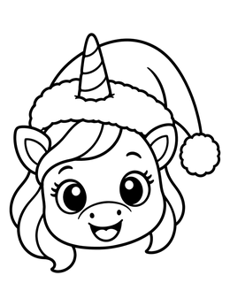 A cute unicorn in this santa hats coloring page smiles with its horn poking through.
