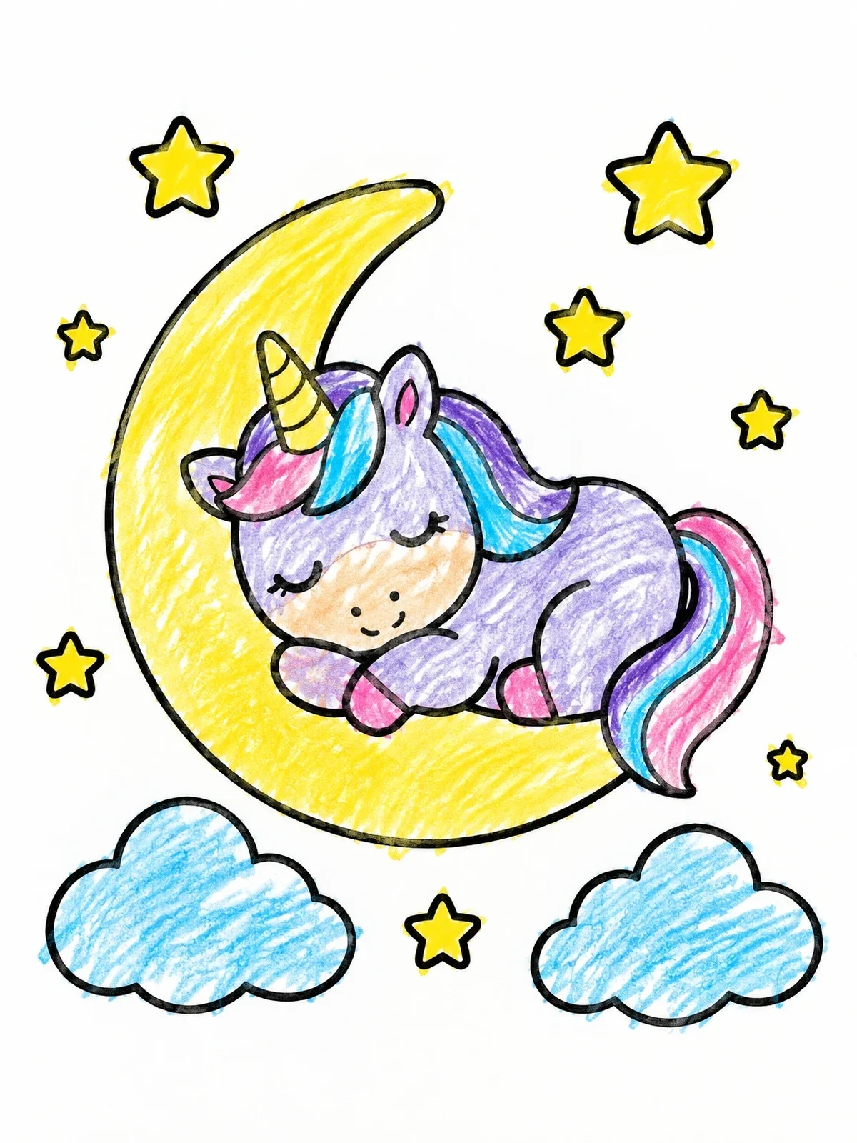 Colored example of the Cute Unicorn Sleeping On The Moon coloring page