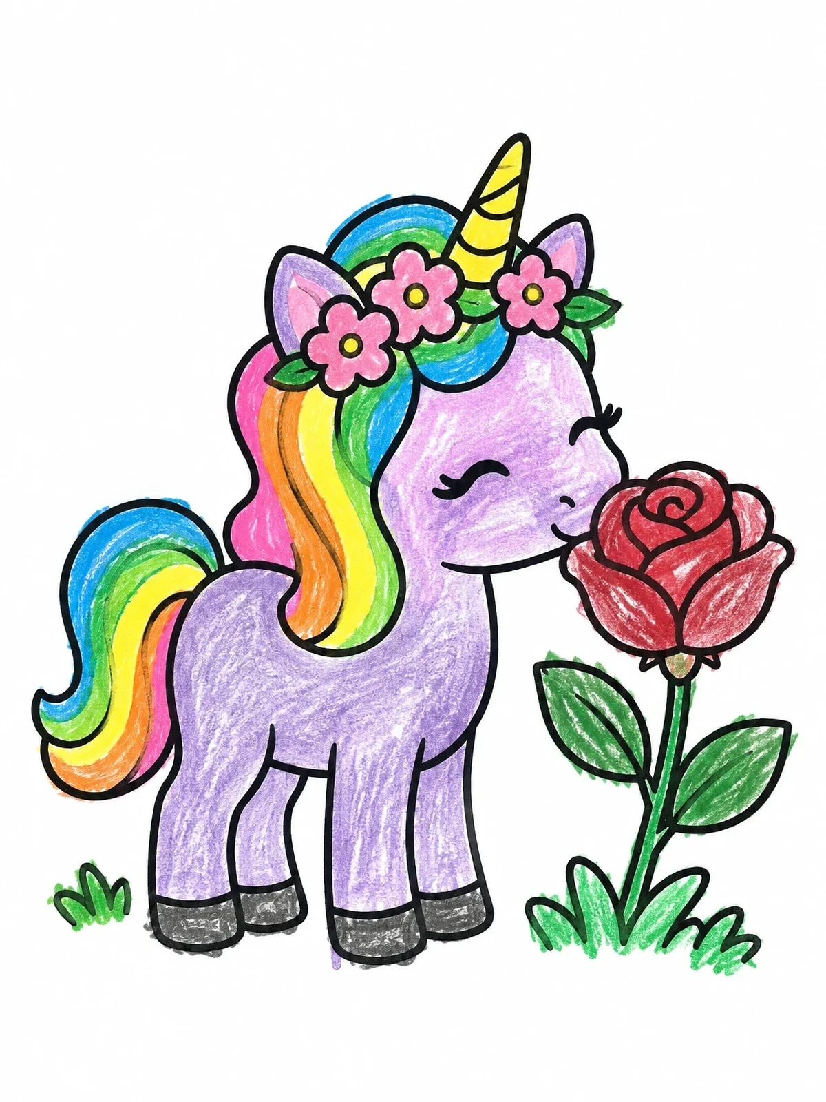 Colored example of the Cute Unicorn Sniffing A Rose coloring page