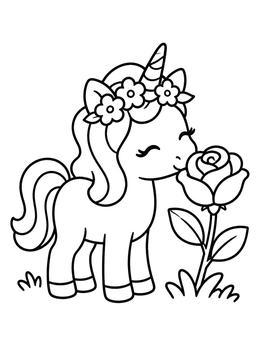 Free printable Cute Unicorn Sniffing A Rose coloring page