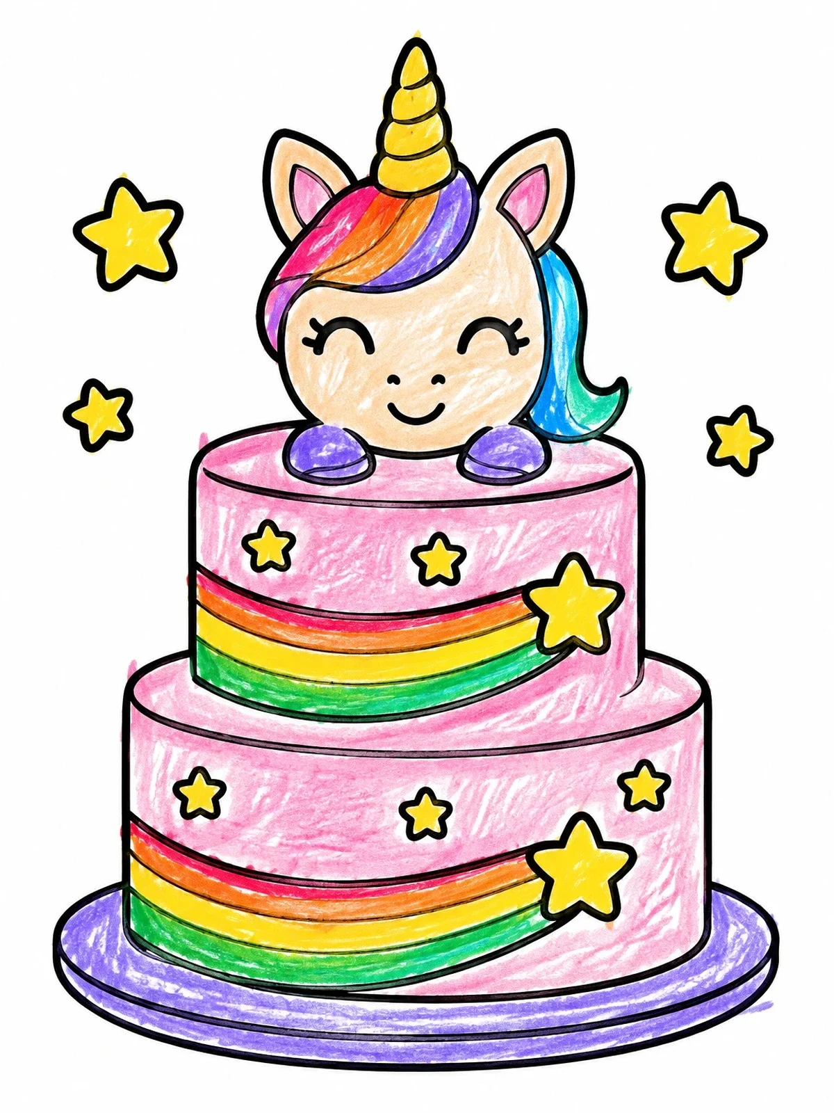 Colored example of the Cute Unicorn Two Tier Cake coloring page
