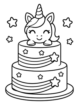 A sweet unicorn cake coloring page featuring shooting stars and thick outlines.