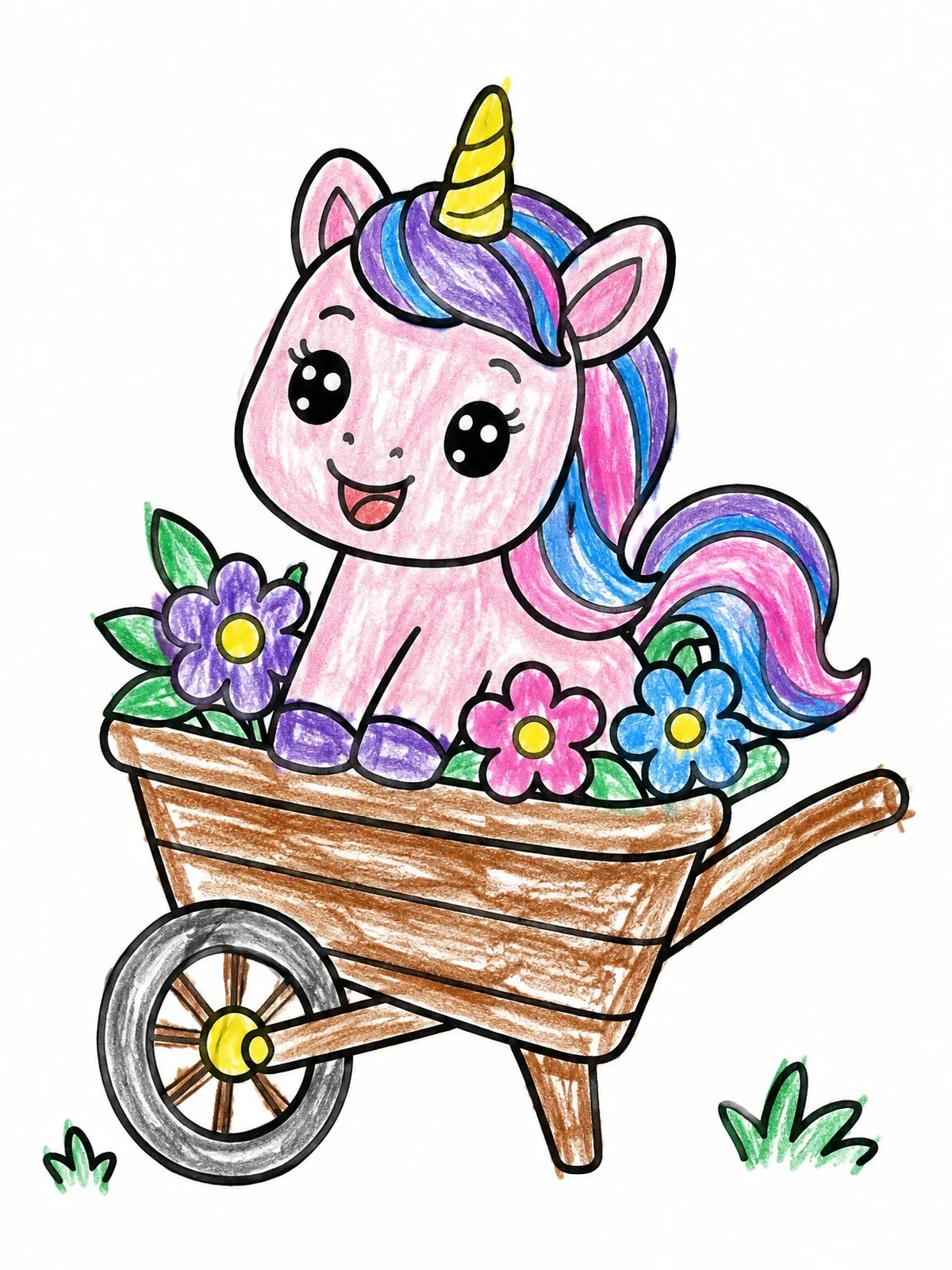 Colored example of the Cute Unicorn In A Wheelbarrow coloring page