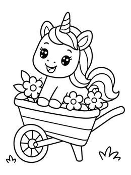 A sweet baby unicorn coloring page sitting inside a wheelbarrow of flowers.