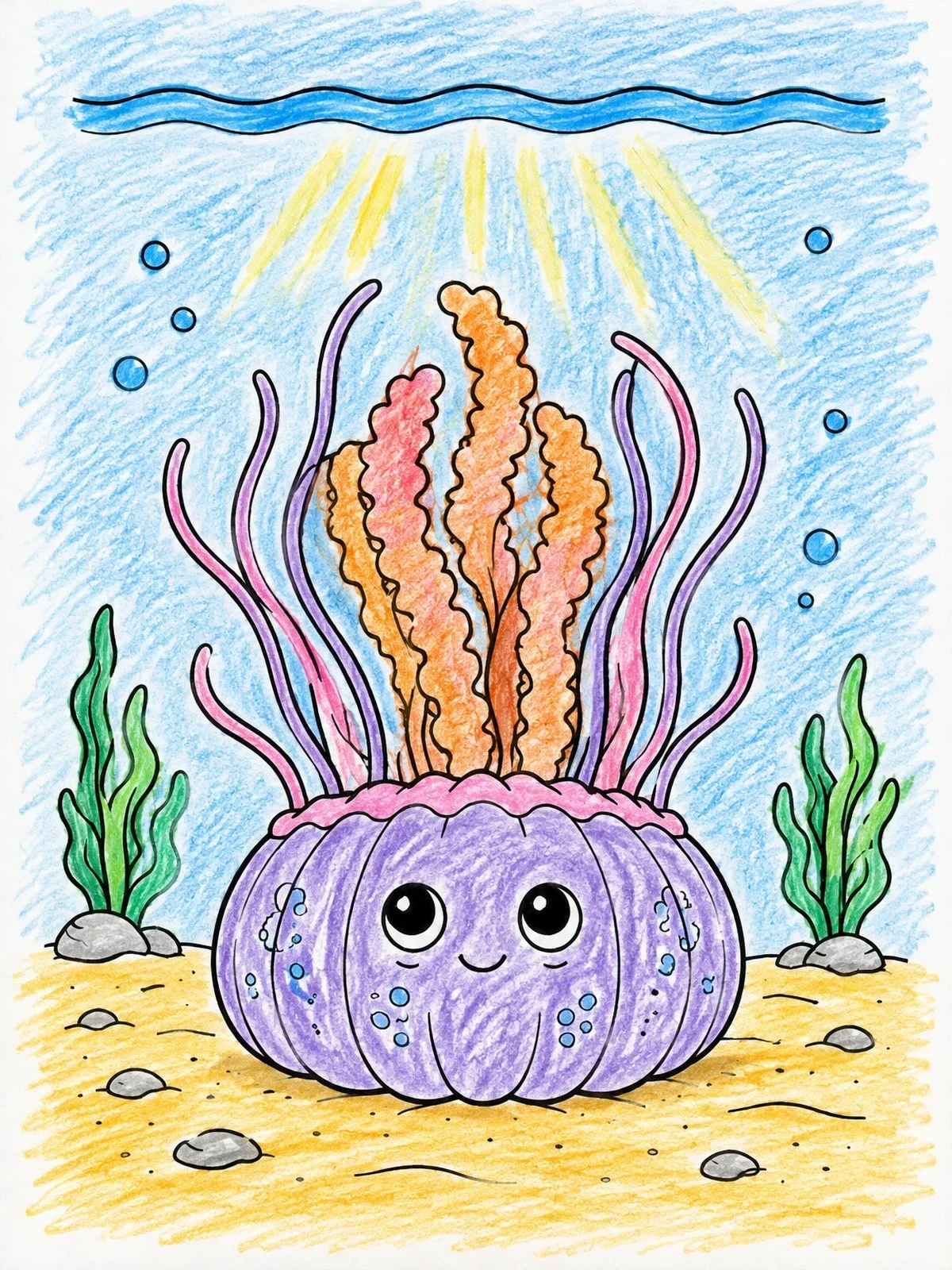Colored example of the Cute Upside Down Jellyfish On Seabed coloring page