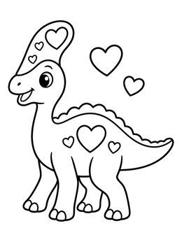 A sweet valentine dinosaur coloring page featuring a crest with floating hearts.