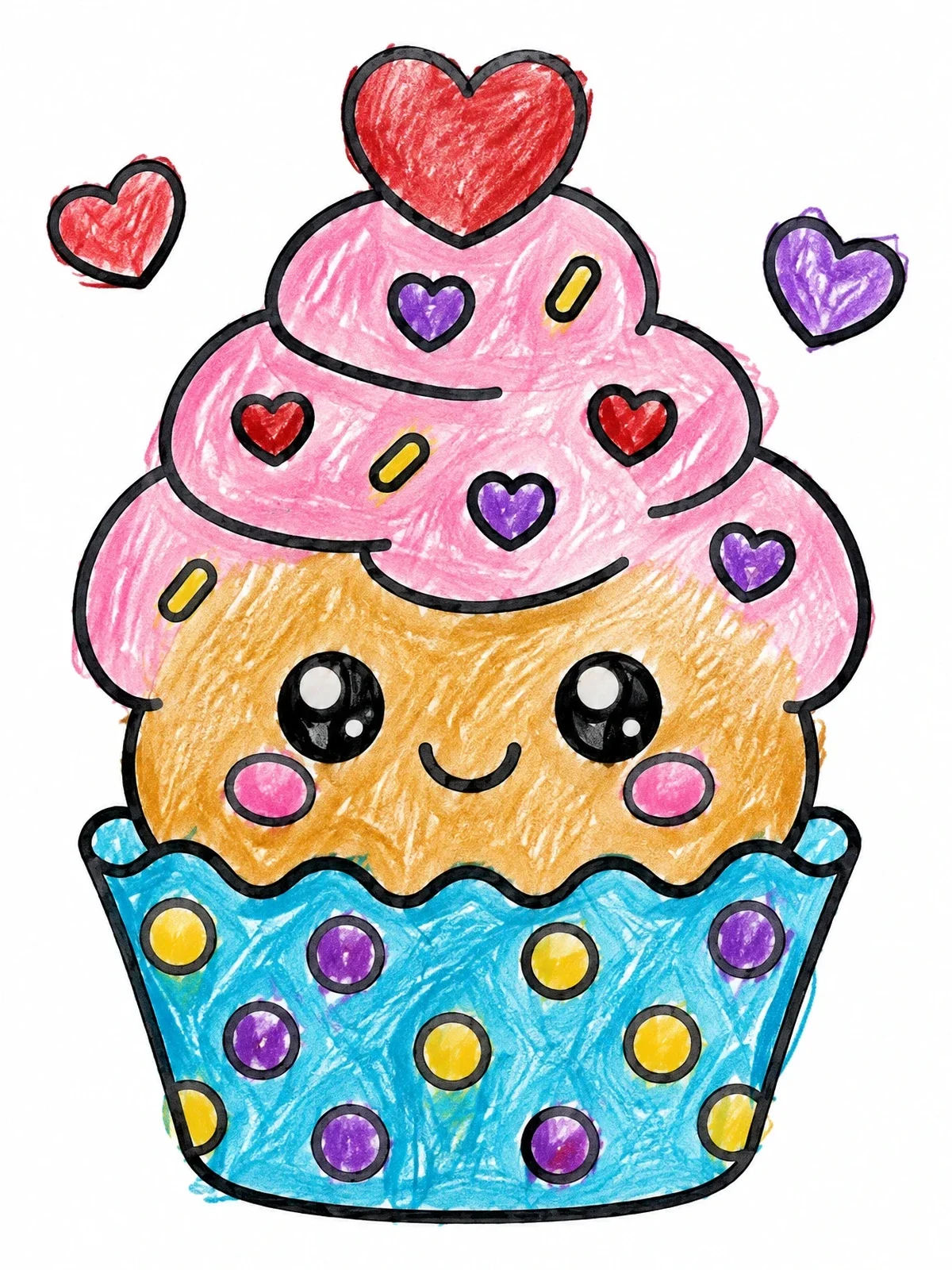 Colored example of the Cute Valentine Cupcake With Hearts coloring page