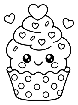 A smiling valentine cupcake coloring page with polka dots and heart toppings.